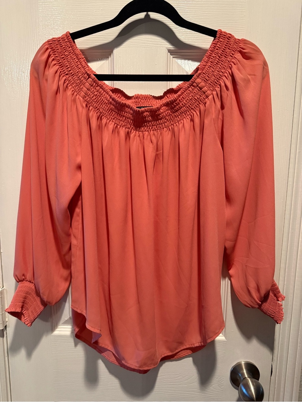 Express Coral Smocked Off Shoulder Peasant Blouse Size L